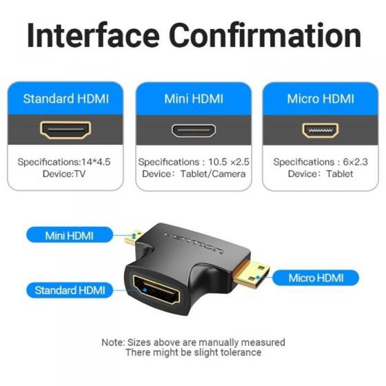 Adaptador HDMI 2 en 1 Vention AGFB0/ HDMI Hembra a Micro HDMI Macho - Mini HDMI Macho